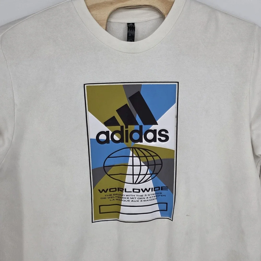 Adidas Worldwide Crewneck Sweatshirt Men XL Cream White Pullover Print 3 Stripes